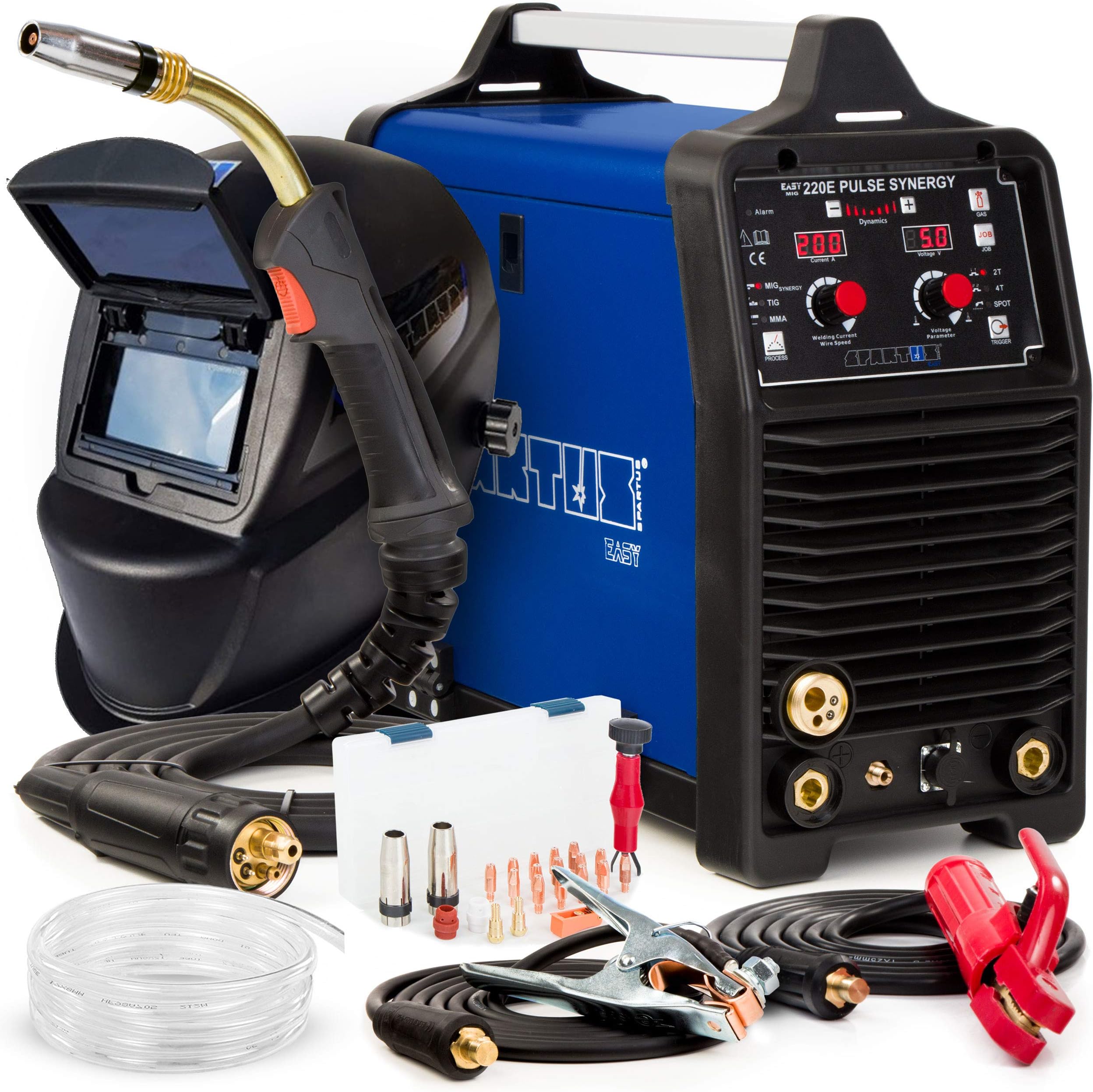 MIG Welder Pulse Welding Machine SPARTUS 220E 200 AMP Predefined Programs Helmet