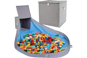 SAM AND MABEL Toy Storage Organizer with Play Mat – 13" x 13" x 13" Storage Box for Kids' Playroom, Stackable and Foldable Nursery Fabric Bin (Pebble Gray)