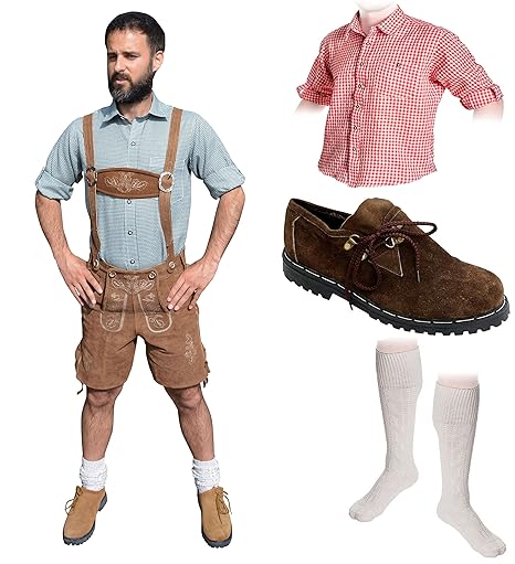 Herren Trachten Set B 5-teilig Trachten Lederhose * kurz * Hellbraun 46-60 Trachtenhemd Schuhe Socken Oktoberfest