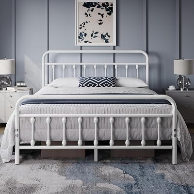Yaheetech 5ft King Bed Frame Vintage Iron Platform White with High Headboard