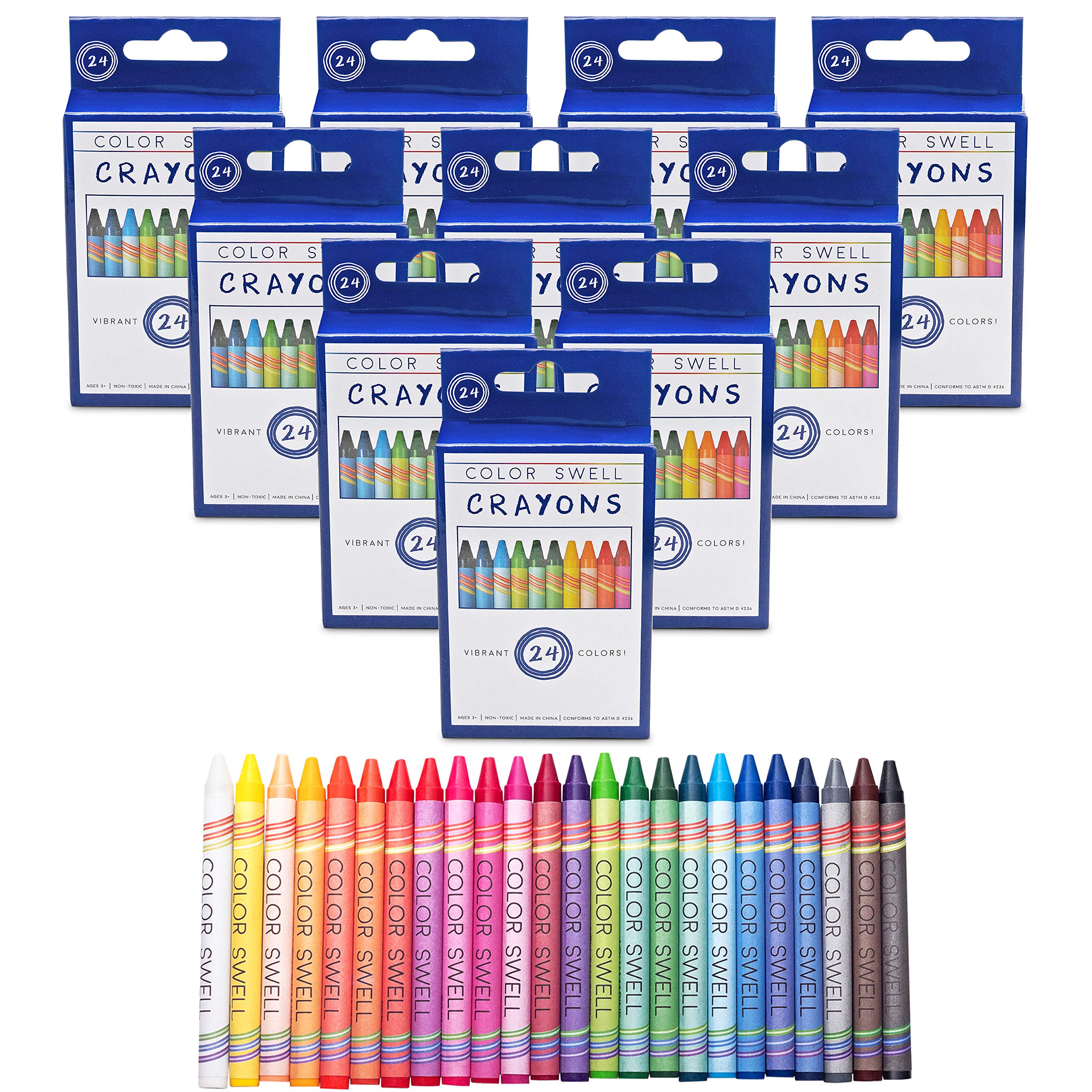 Color Swell Crayons Bulk Packs – 10 Boxes of 24 Vibrant Colored Crayons of Teacher Quality Durable Classroom Pack for Kids Students Party Favors