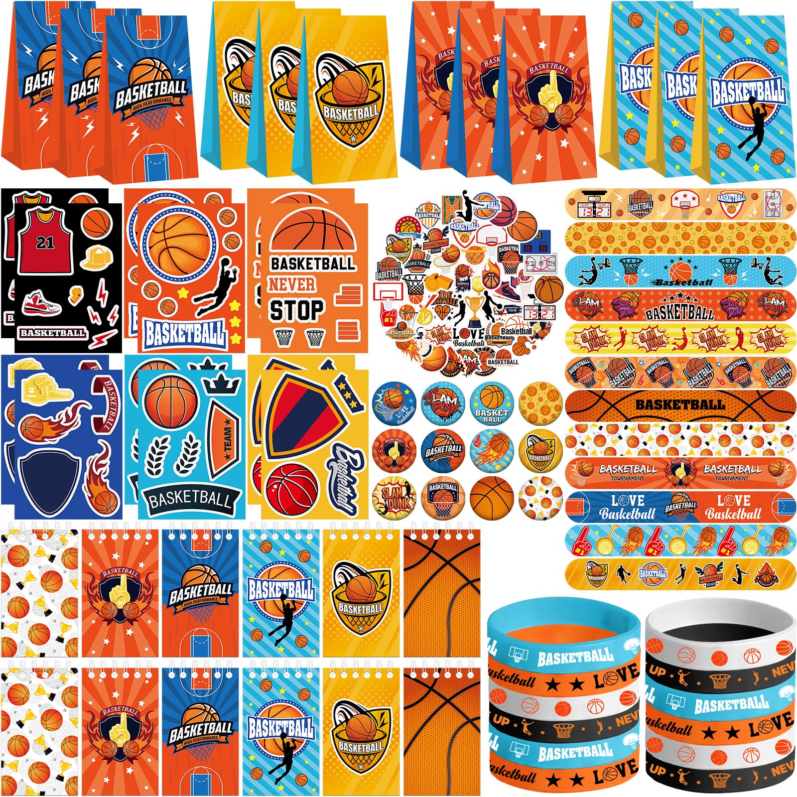 Lilwemen Basketball Party Favors - Includes 12PCS Gift Bags, Slap Bracelets, Rubber Bracelets, Stickers, Button Pin, DIY Stickers, Spiral Notebooks for Basketball Birthday Party Decorations Supplies