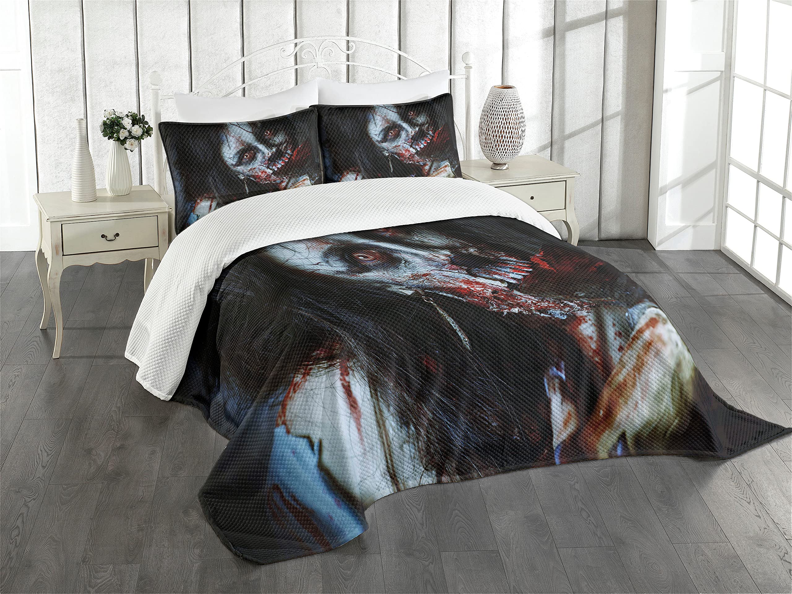 ABAKUHAUS Zombie Bedspread Set, Bloody Woman Theme, Decorative Quilted 2 Piece Coverlet Set with Pillow Sham, Charcoal Red