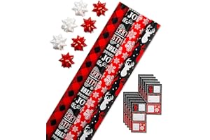 PAPYRUS American Greetings 120 sq. ft. Red and Black Christmas Wrapping Paper Set with Cut Lines (4 rolls 30 in. x 12 ft., 7 Bows, 30 Gift Tags), Christmas Text, Plaid, Reindeer and Snowflakes