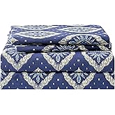 Yibeizi Navy Blue Patterned King Sheet Set Boho Printed Bed Sheets Microfiber Bedding Sheets & Pillowcases Soft 15" Extra Deep Pocket Fitted Bedsheet 4 Piece