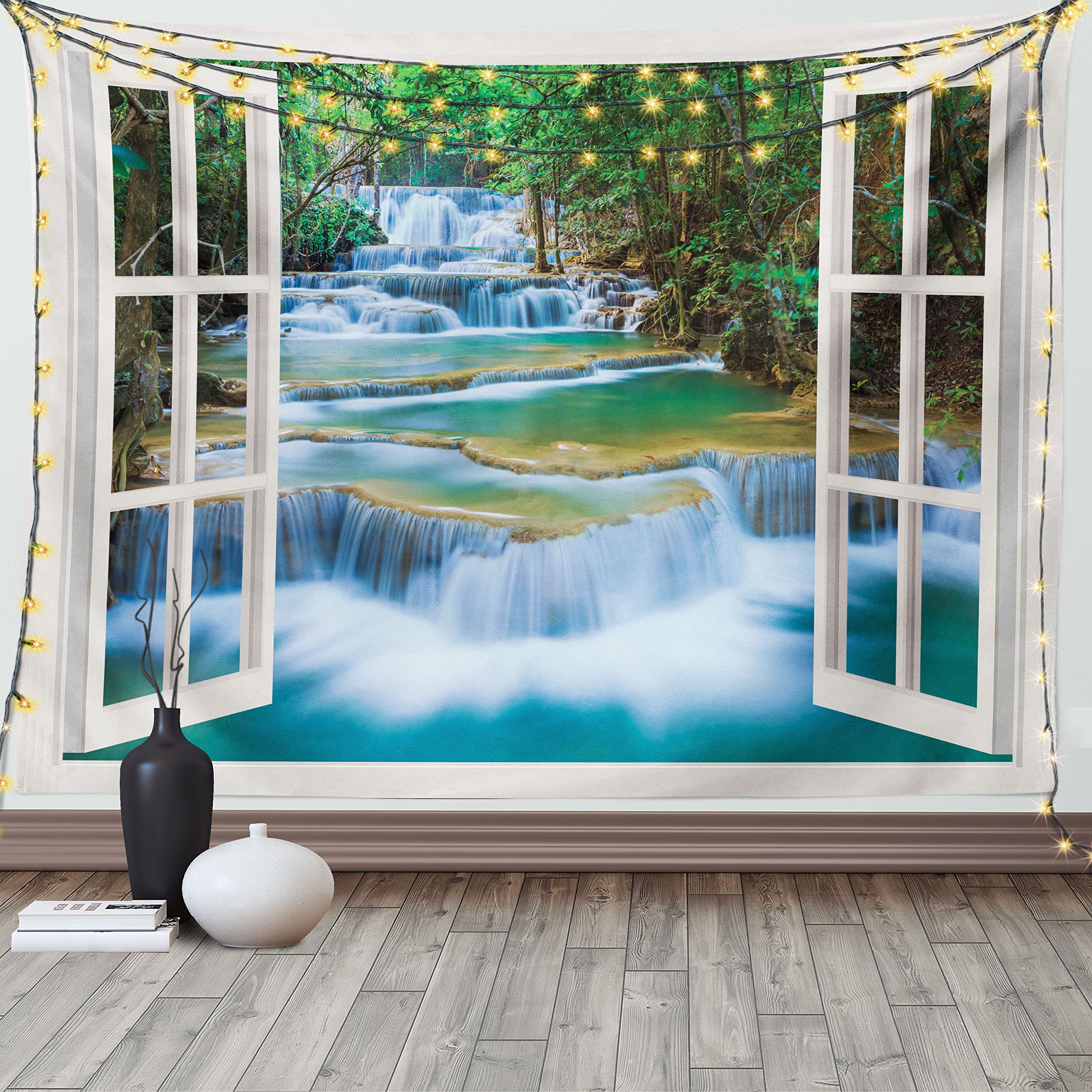 ABAKUHAUS Landscape Tapestry, Open Window to River Flowing Down inside a Forrest with Lush Spring Season Trees, Fabric Wall Hanging Decor for Bedroom Living Room Dorm, 90 W X 54 L, Multicolor