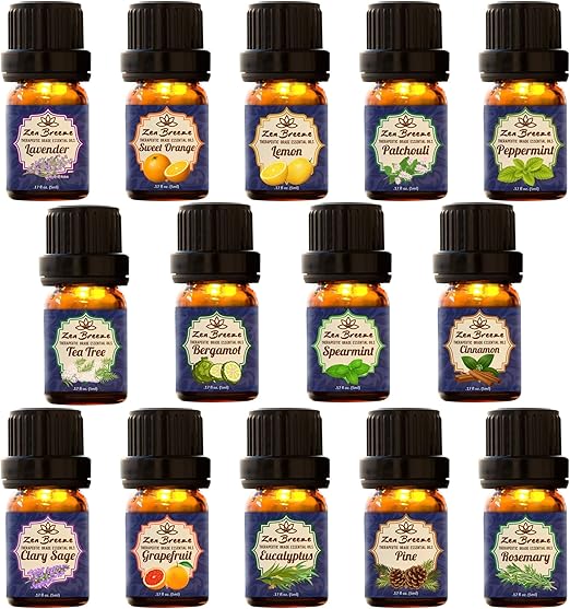 Amazon Com Zen Breeze Essential Oils For Oil Diffuser Top 14 Aromatherapy Essential Oils 100 Pure Therapeutic Grade Lavender Eucalyptus Lemon Peppermint Sweet Orange Tea Tree Bergamot 8 More Home Kitchen