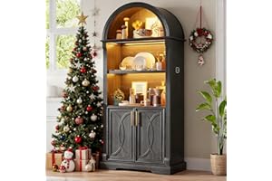 Vlsrka 71" Tall Arched Cabinet, Kitchen Pantry Cabinets, Arched Bookshelf/Bookcase,China Cabinet, Wood Kitchen Storage Cabinets with Open & Adjustable Shelves, Induction 3 Color Lights, Black
