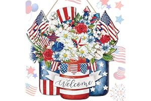 Queekay 4th of July Decoration Memorial Day Door Sign Wooden Patriotic Welcome Wall Decor American Flag Hanging Sign Red White Blue Wreath Independence Day for Front Door Porch Wall(Floral)