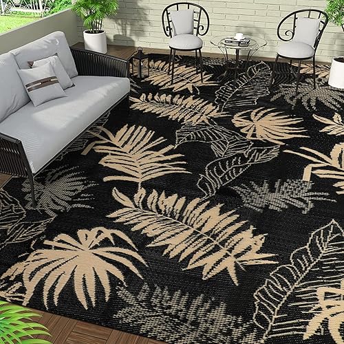 Falflor 240x300cm Large Outdoor Rugs for Patios Waterproof Reversible Recycled Indoor Outdoor Carpet UV Resistant Garden Rug Lightweight Picnic Blanket for Camping Deck RV Backyard(Black with Tan)