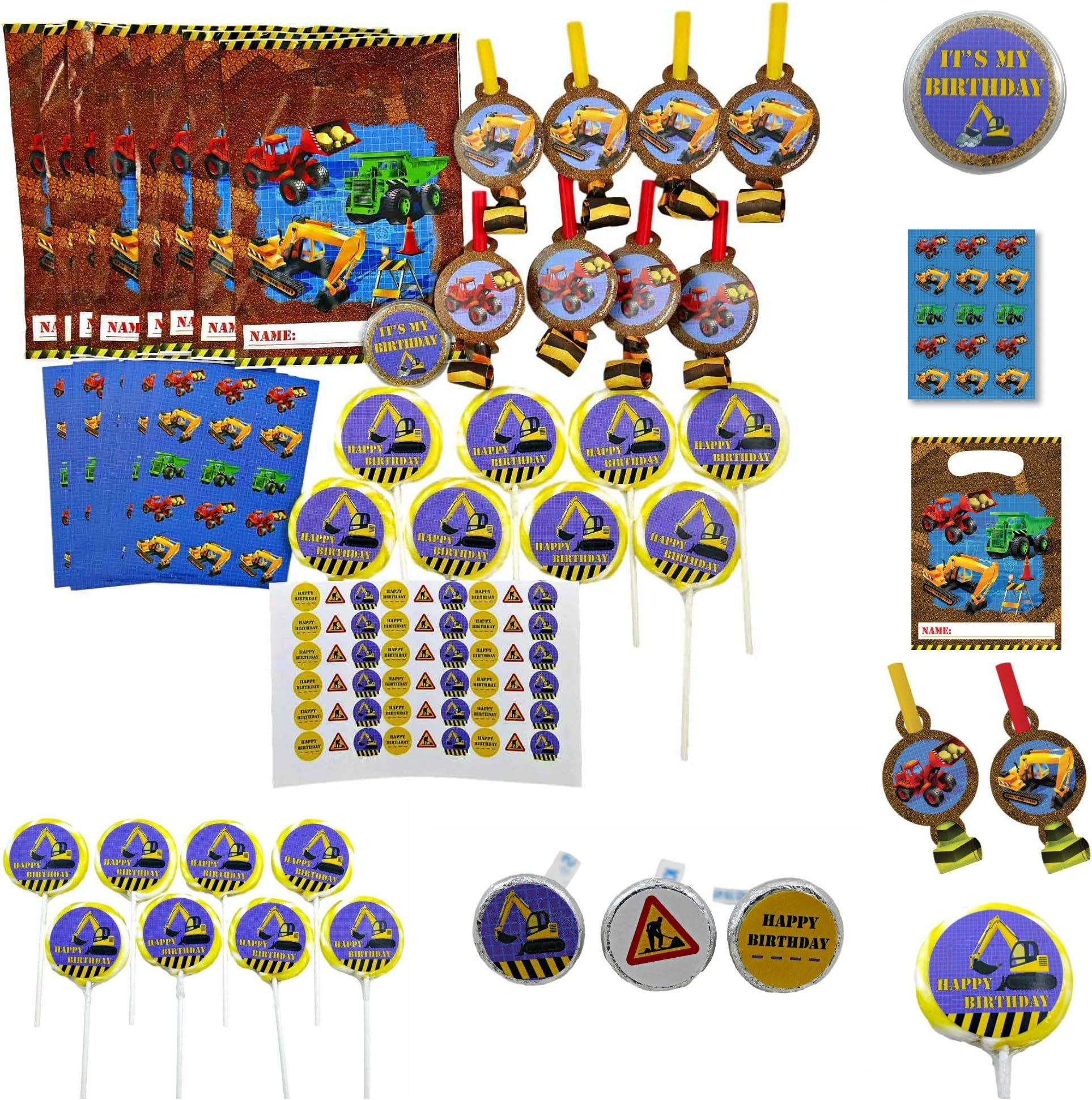 Under Construction Birthday Party Loot Bag Collection for 8 Kids- Treat Bags, Blowouts, Stickers, Whirly Pops and Features Custom Designed Birthday Button and Labels for Lollipops and Kisses