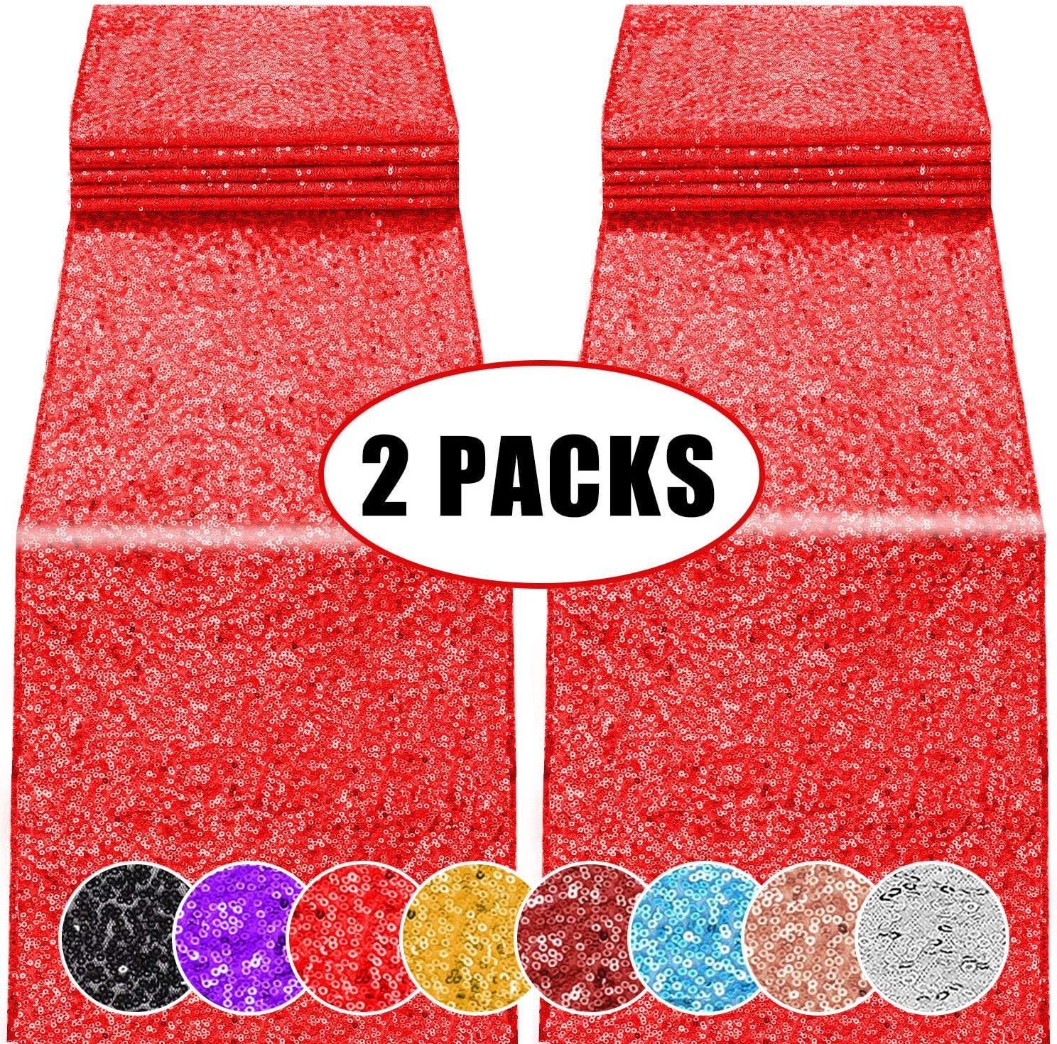 2 Pack 12 x 108 inches Sequin Table Runner for Birthday Wedding Bridal Shower Baby Shower Bachelorette Holiday Celebration Party Decorations Tables Supplies (2, Red)