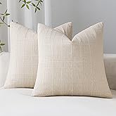 SINYASAN Decorative Linen Check Throw Pillow Covers Set of 2, 18"x18" Beige Neutral Cushion Covers, Farmhouse Vintage Modern Boho Home Decor for Sofa Chair Couch Bedroom