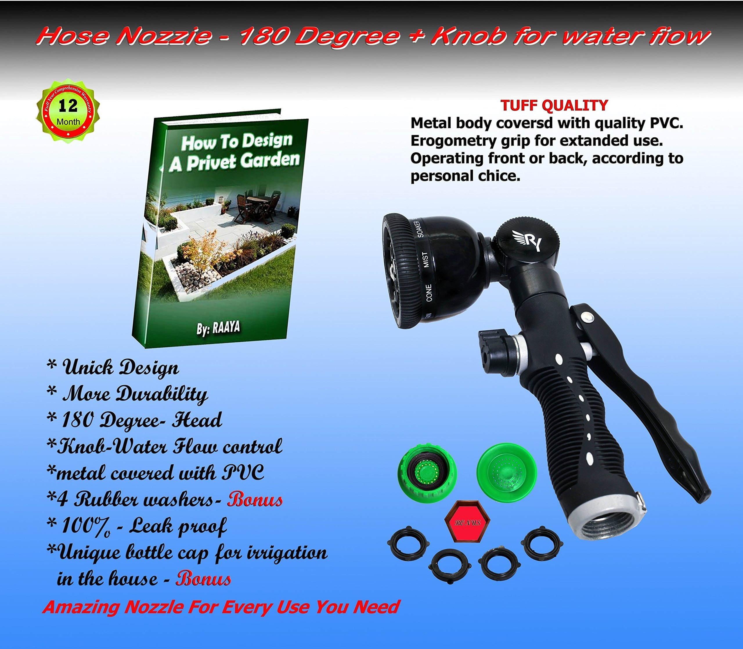 RAAYA GARDEN HOSE NOZZLE sprayer Swivel wand - Heavy Duty 9 Adjustable Pattern Pistol Grip Back & Front Trigger, Flow Control, Ergonomic, Watering & Cleaning: Car, Lawn, Pets – Maximum Satisfaction