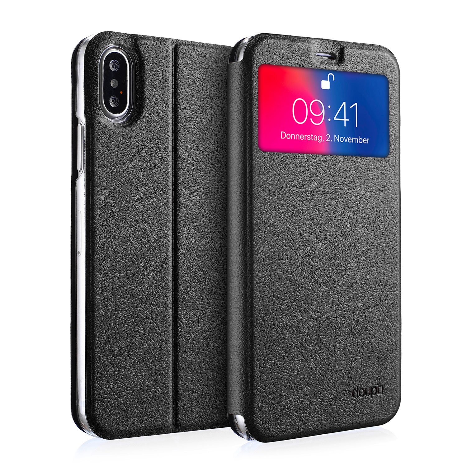 doupi Flip Cover for iPhone X/Xs 5.8 inch, with Viewing Window Magnet Protective Flip Case BookStyle Screen Protector Stand, black