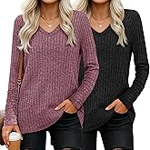 Ficerd 2 Pack Women V Neck Sweaters Long Sleeve Tunic Tops Lightweight Solid Color Casual Tunics Shirts