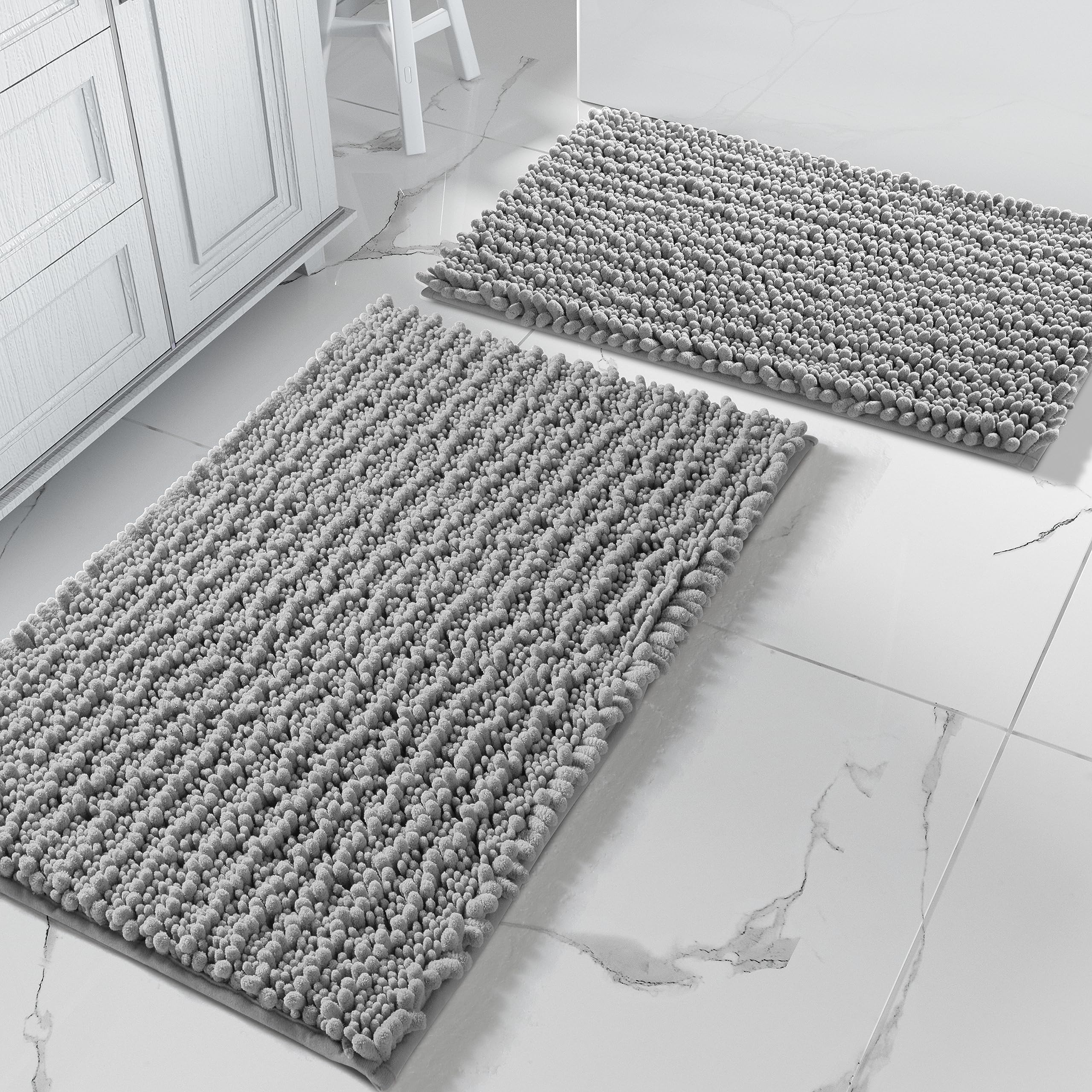Photo 1 of Yimobra Bathroom Rugs Sets 2 Piece - Quick Dry Extra Thick Luxury Chenille Bath Mat, Non Slip Super Absorbent for Tub Shower Sink, Machine Washable Shaggy Floor Mat, 32"x20"+24"x17" Inch, Grey