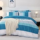 RYNGHIPY 8 Pieces Teal Grey Full Bed Comforter Sets, Soft All Season Boys Men Women Comforter Bedding Set, Turquoise Stripe Colorblock Bed in a Bag Lightweight Fluffy (Full,Teal Grey)