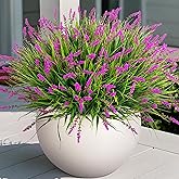 Artificial Flowers Faux Plants for Outdoor Decoration, 12 Bundles Fake Monkey Grass for Home Garden Front Porch Balcony, Lavender Flowers Shrubs UV Resistant No Fade Greenery Bush Planter (Lotus)