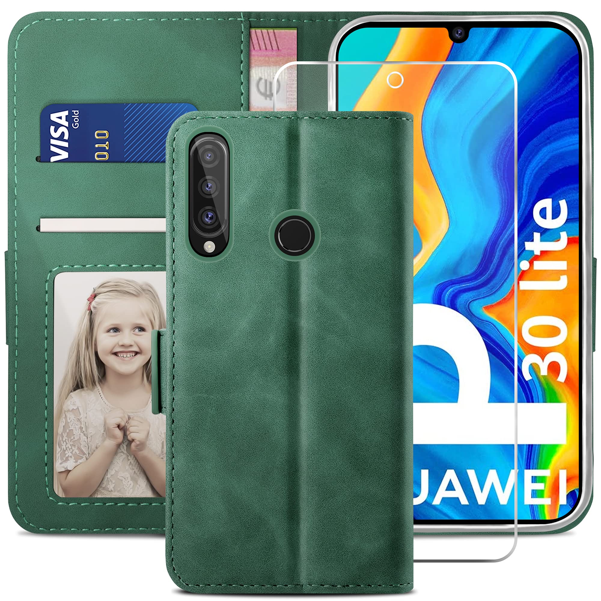 YATWIN Compatible with Huawei P30 Lite Case, Flip Wallet Leather Case with Tempered Glass Screen Protector and Card Slot Kickstand Phone Cases Cover for Huawei P30 Lite - Pine Green
