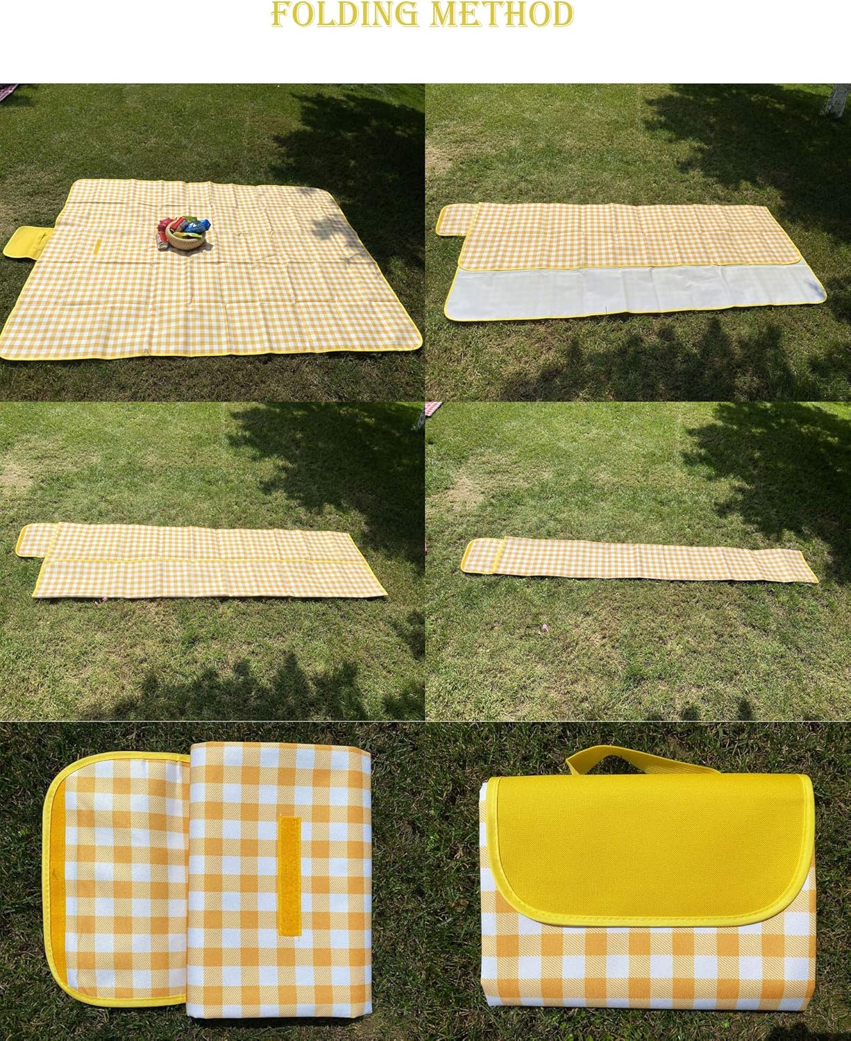 Portable Picnic Blanket, Waterproof, Sandproof and Easy to Clean Beach Mat, Classic Grid Picnic Mat, Suitable for Family Camping in Spring, Summer, Autumn and Winter, 79″×57″ (Yellow) : Garden & Outdoor