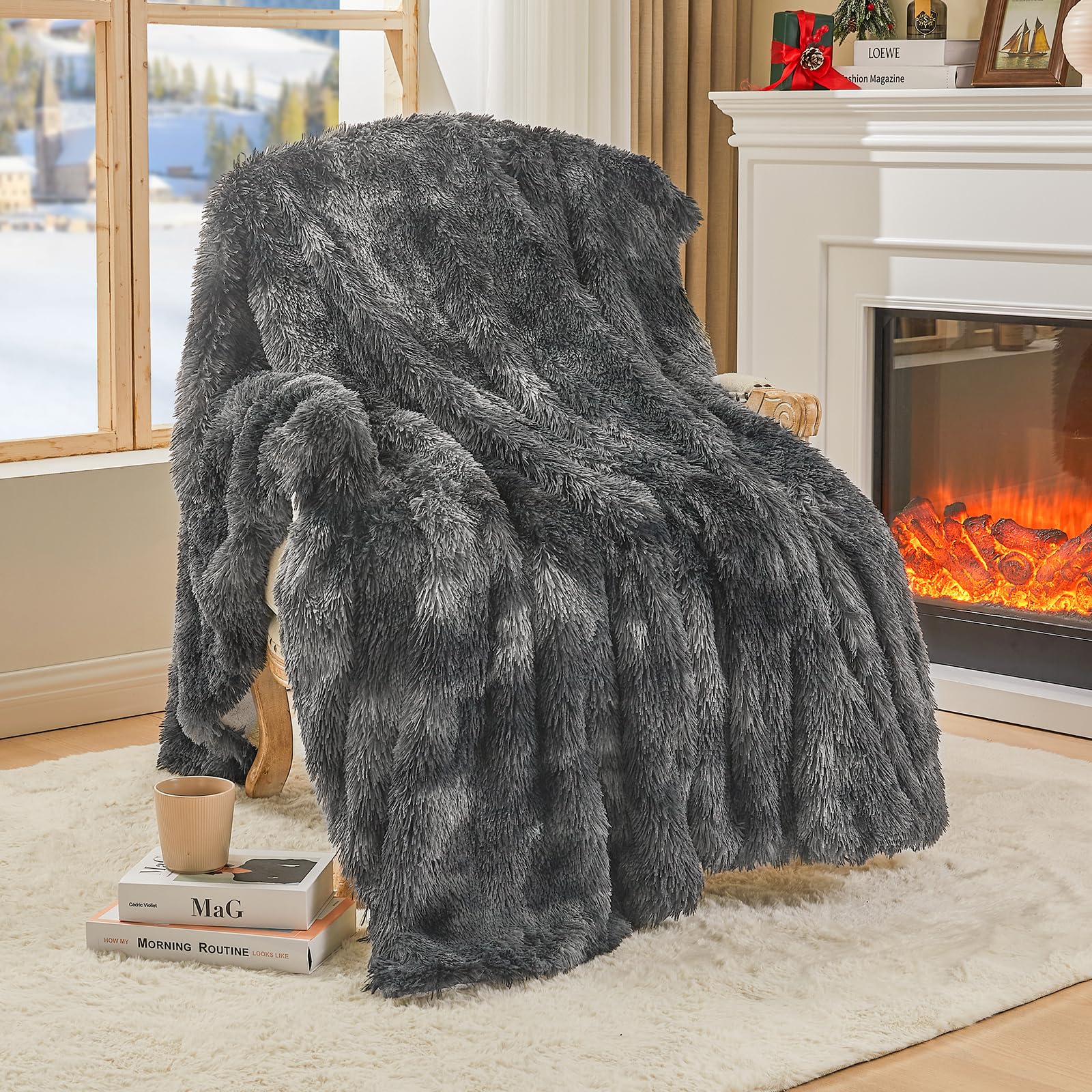 EMME Faux Fur Blanket, Super Soft, Thick and Elegant, Fluffy Microfiber Fleece Blanket, Warm Cozy Reversible Throw, Tie Dye Dark Grey, 130 x 150 cm