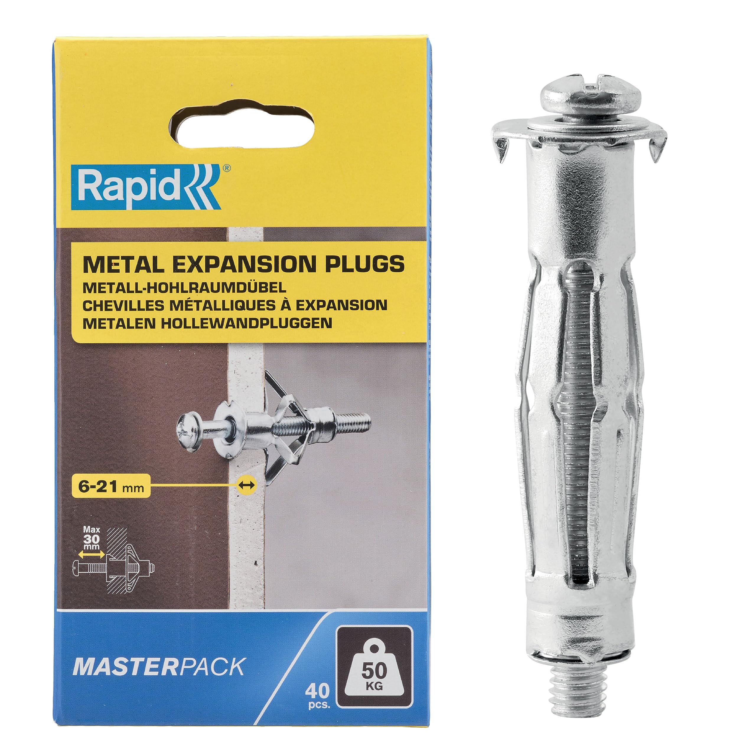 Rapid Hollow Wall Anchors, Pack of 40 Heavy Duty Metal Plasterboard Fixings for 6-21 mm Wall Thickness, 50 kg Load, Cavity Wall Fixings, Wall Plugs, Plasterboard & Chipboard Plugs (5001567)