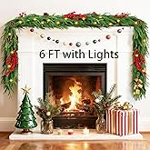 6FT Christmas Garland with Lights, Real Touch Norfolk Pine Garland with Pinecone Red Berry Bells, Faux Cedar Garland for Mantle Table Stairs Front Door Indoor Decor