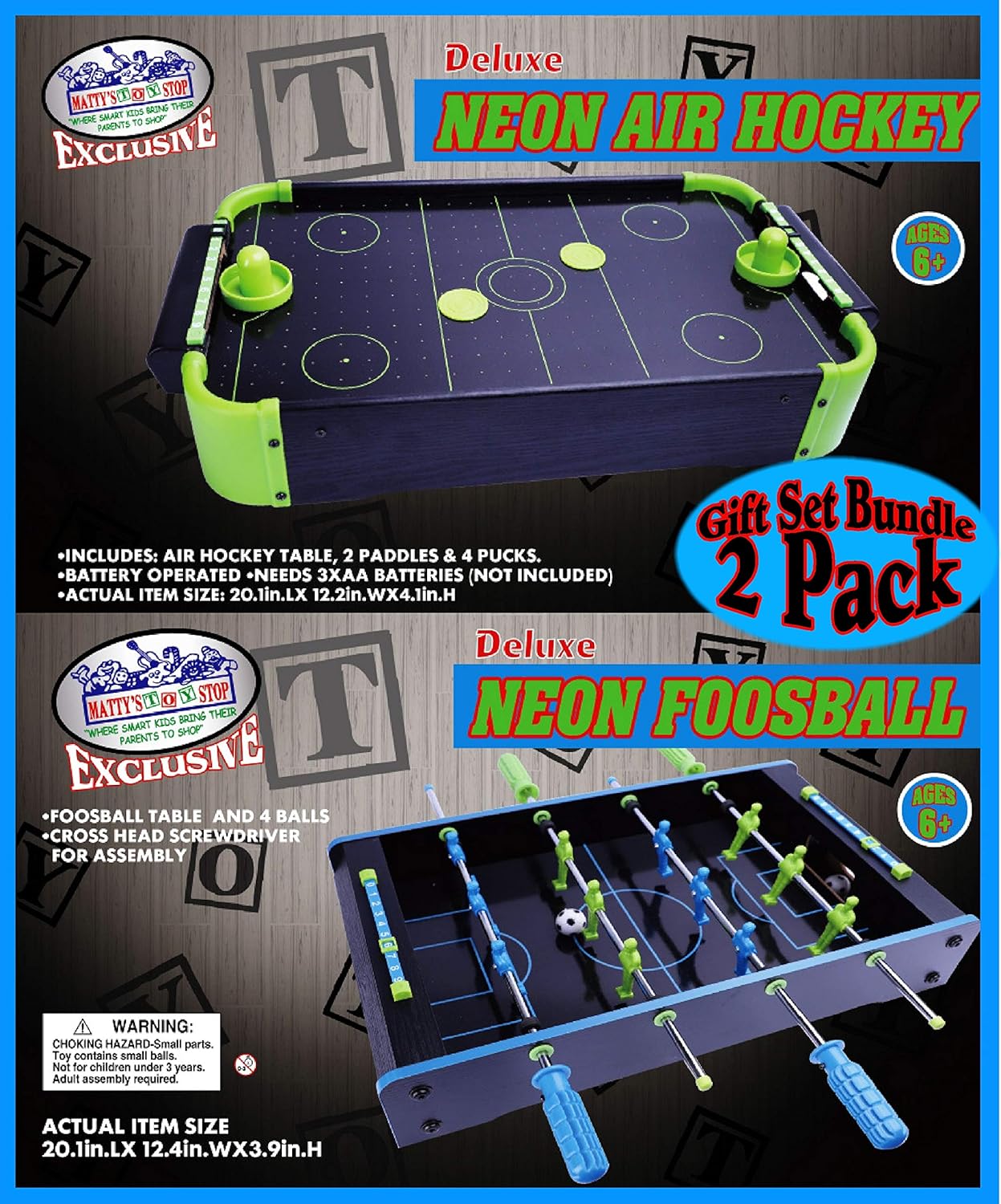 Matty's Toy Stop Deluxe Wooden Mini Tabletop NEON Air Hockey (Extra Pucks) & NEON Foosball (Soccer) (Extra Balls) Games Gift Set Bundle - 2 Pack : Sports & Outdoors