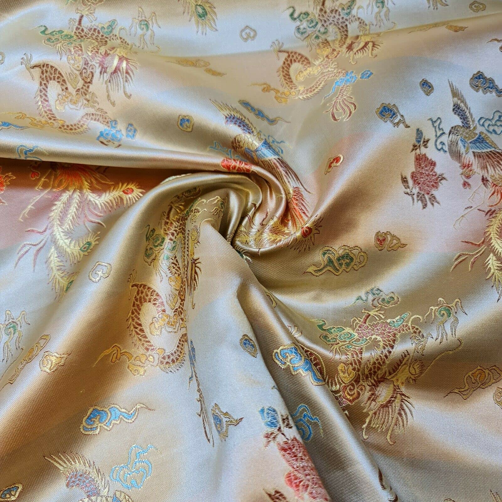 Oriental Dragon & Floral Chinese Brocade Fabric – Premium Poly-Silk Satin | Embroidered Material for Dressmaking, Crafts & Upholstery | 36" (100cm) Wide | 1 Meter Pre-Cut (Gold Dragon)