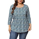 KLPOHV Womens Plus Size 3/4 Length Sleeve Tops Crewneck Pleated Loose Fit Casual Tunic Top Swing Shirts Blouses 1X-5X