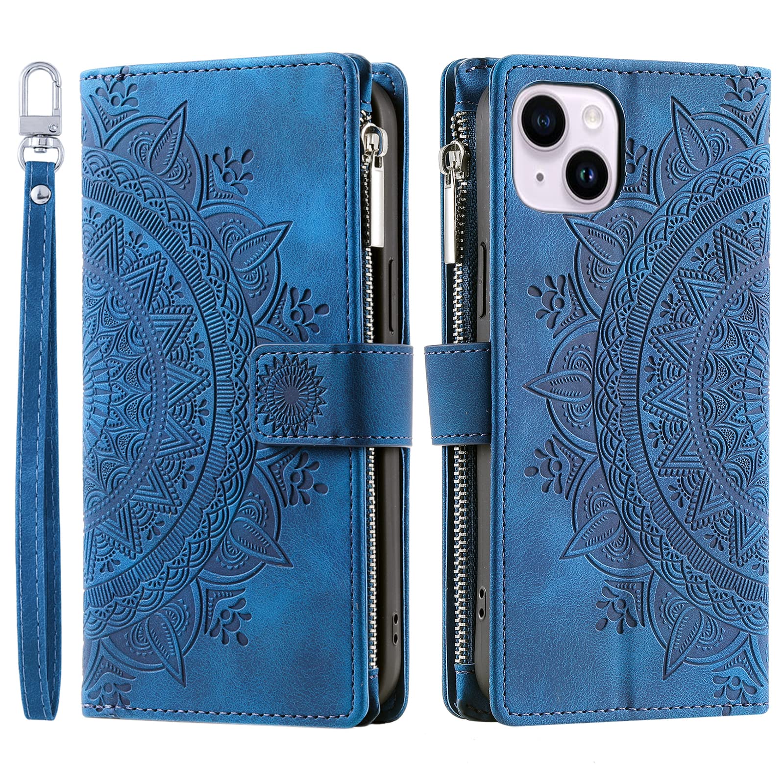 VEEMOS Wallet Case for iPhone 14 Flower Flip Case Protective Leather Folio Book Phone Cover with Card Slots Kickstand Zipper Pocket - Blue