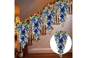 Lyrow 4 Pcs Cordless Prelit Christmas Artificial Swags 24" Xmas Stairway Swag Teardrop Trim with Timer Christmas Staircase Decoration Battery Operated Garland for Indoor Outdoor Railing Decor, Blue