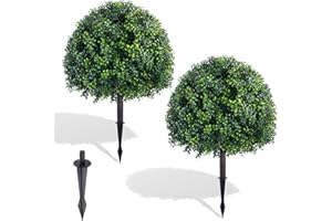 28 Inch Artificial Boxwood Trees, 2 Sets Faux Boxwood Topiary with Spikes, Pot Filler Fake Shrubs Plants for Outdoor Planters