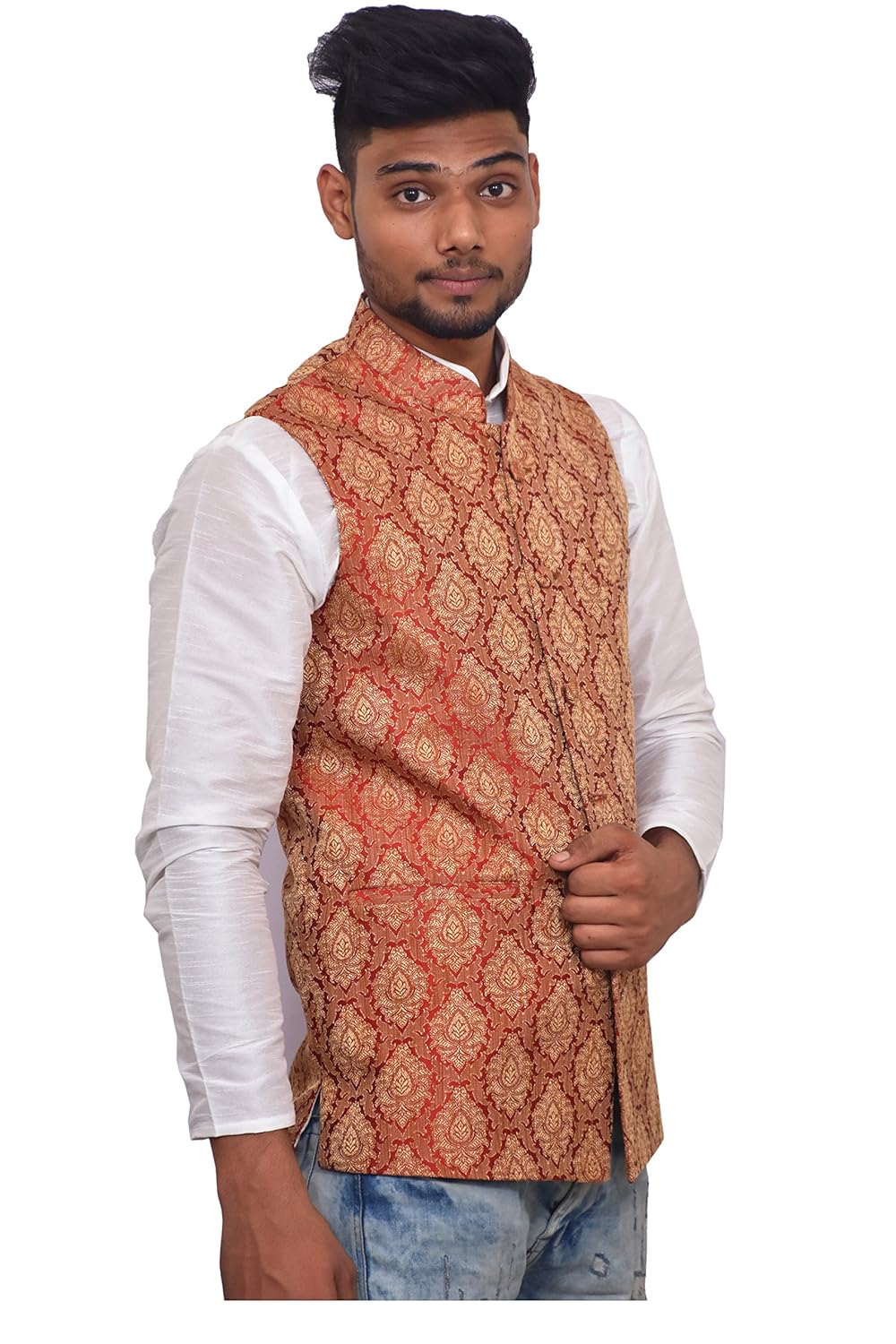 unm men's designer red silk blend dupion nehru and modi jacket