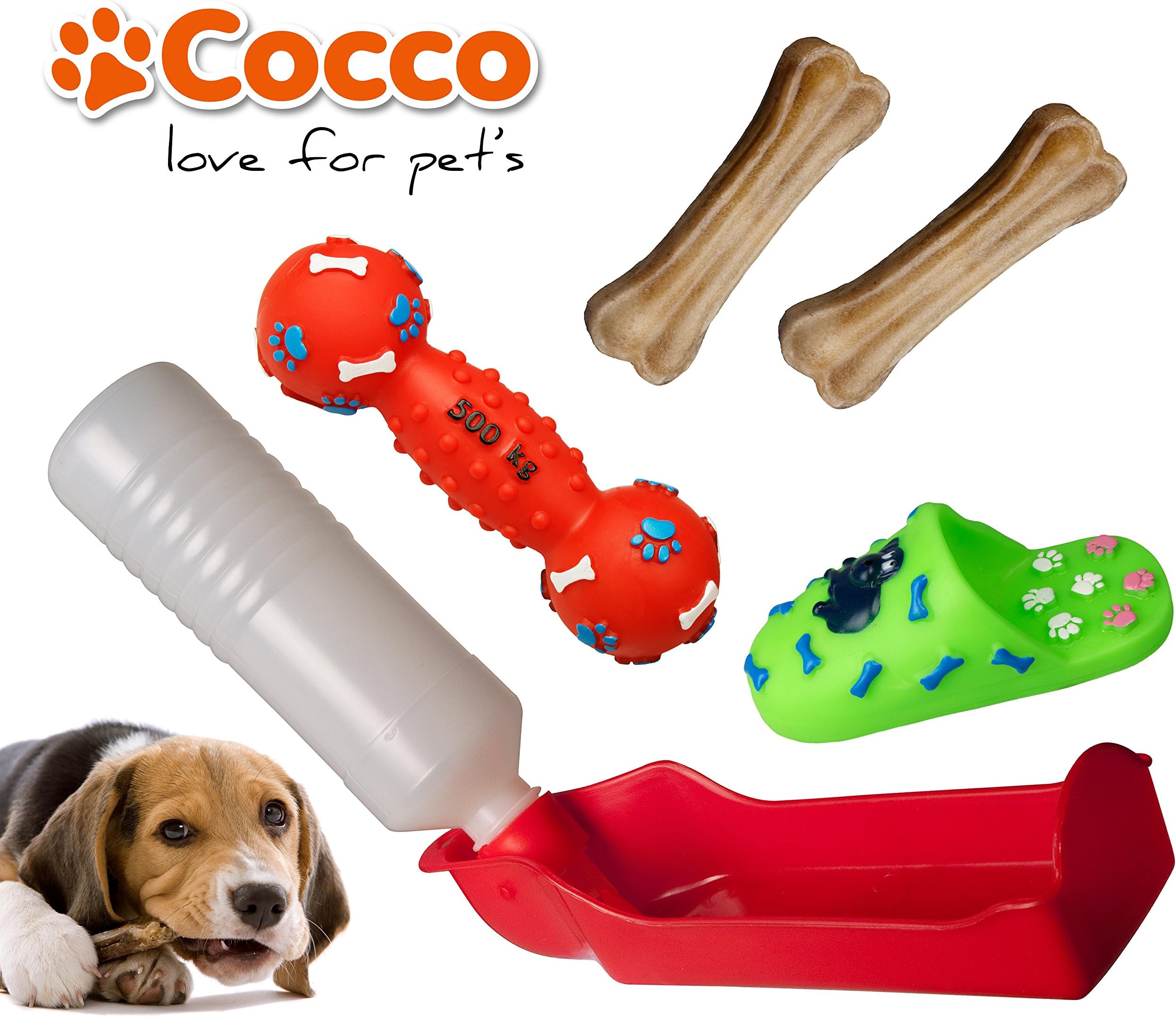 Dog bone, game, water bottle. Travel kit for dogs.