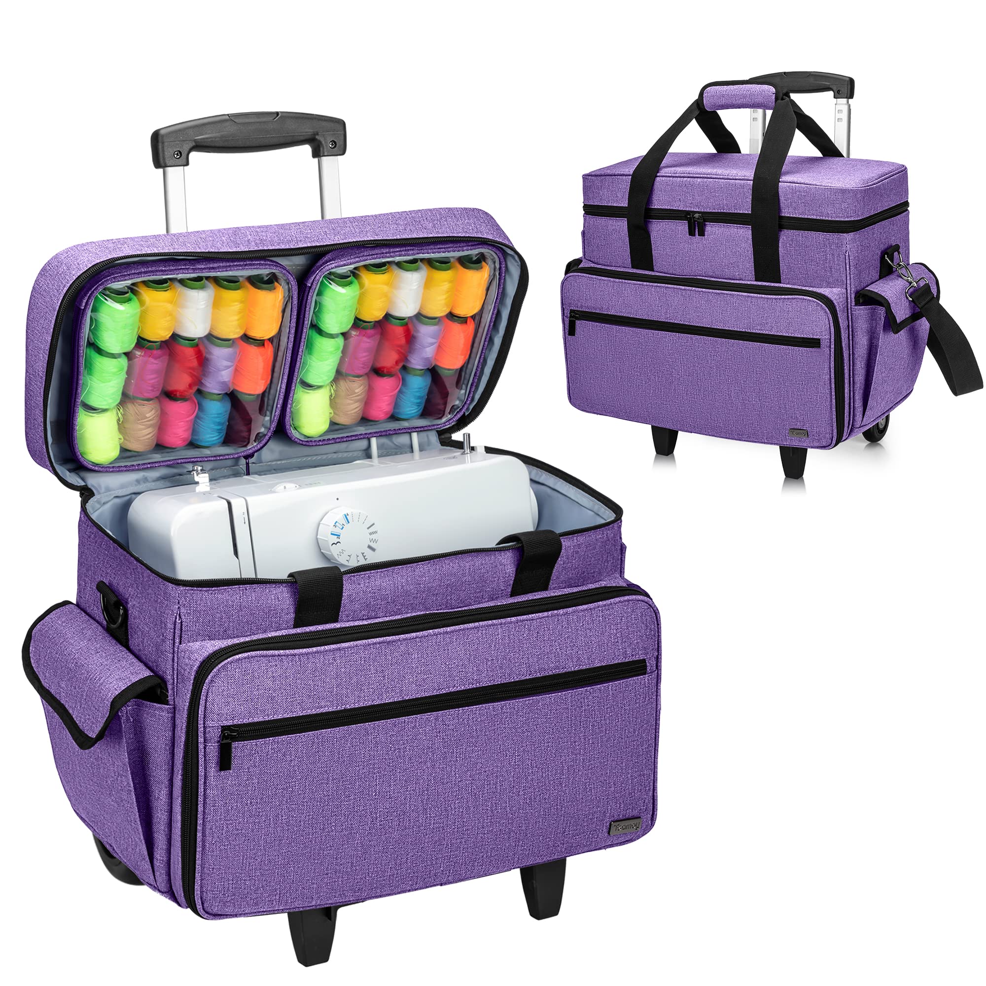 Teamoy Sewing Machine Case with Detachable Wheels, Rolling Sewing Machine Tote with Wheels and Bottom Wooden Pad, Compatible with Singer, Brother and Most Majority Machines and Accessories, Purple
