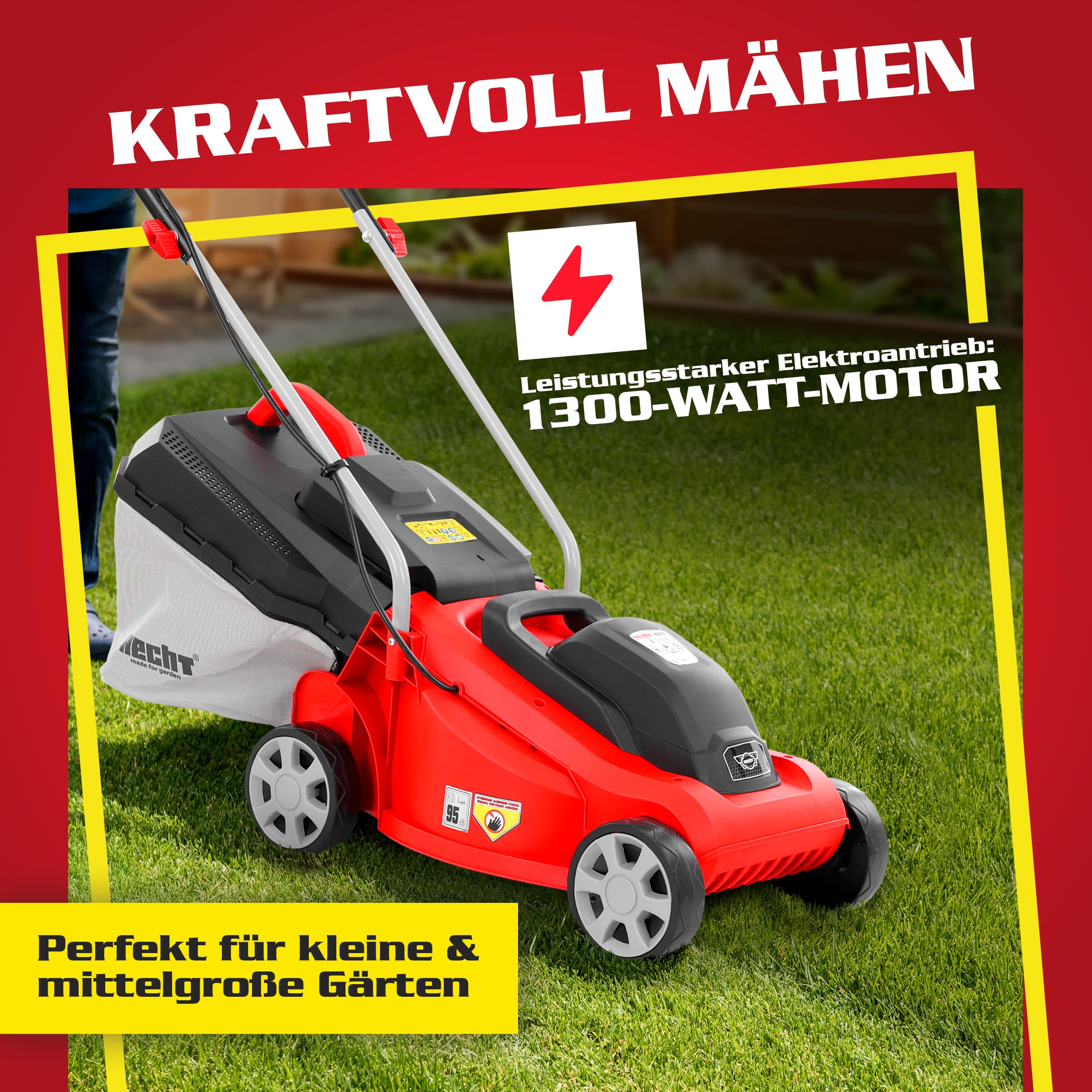HECHT 2-IN-1 Elektro Rasenmäher mit 1300 Watt Motor – 33 cm Schnittbreite – Radschnitthöheneinstellung 20-60 mm – 30 Liter Fangkorb für einen schön gepflegten Rasen – Electric Lawnmower 2