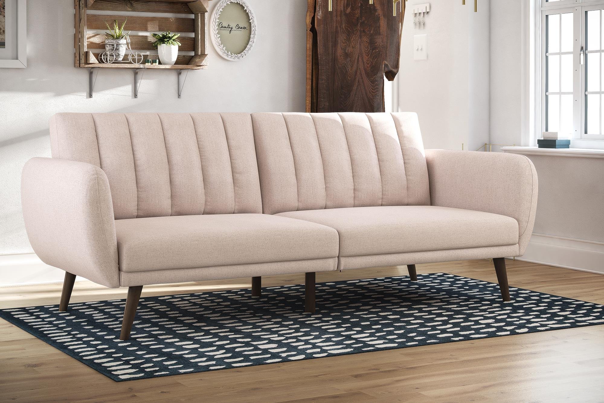 Novogratz Brittany Sofa Futon, Premium Linen Upholstery and Wooden Legs, Pink Linen