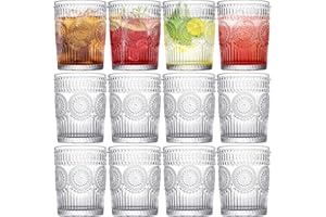 Vintage Drinking Glasses Set of 12, Textured Clear Striped Glass Cups, 10oz Ribbed Glassware Set, Tall Water Glass Tumblers, 