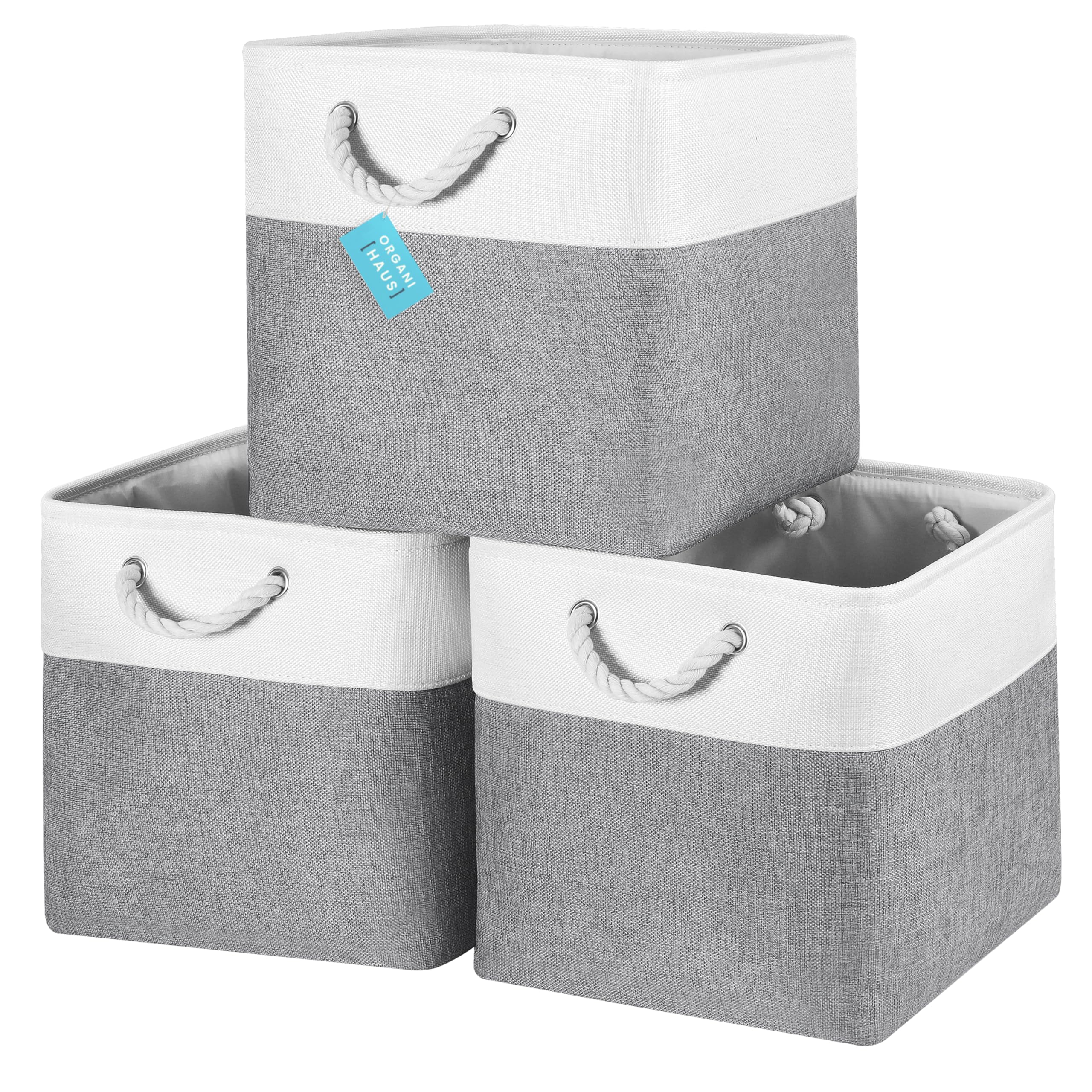 OrganiHaus Fabric Storage Boxes, Set of 3 Foldable 33X33 Cube Organiser Bins with Rope Handles for Shelves, Nursery & Closet, Collapsible Storage Baskets for Toys, Clothes & More - Grey/Off-White