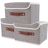 SnYuGr Large Storage Bin with Lid Storage Boxes,Collapsible Linen Storage Basket Container with Lid Storage Cube for Organizing Closets,3 Pack(Grey)
