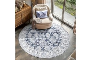 jinchan Round Rug 4ft Area Rugs Vintage Floral Distressed Design - Machine Washable Non-Slip Low-Pile Ultra-Thin Circle Rug for Entryway Bedside Living Room Dining Room Bedroom (4' Round,Dark Blue)