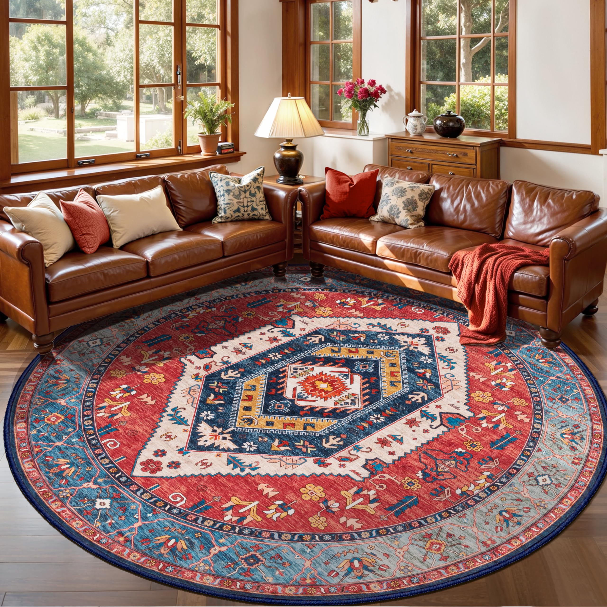 SERISSA Boho Round Area Rug, 5ft Washable Non-Slip Circle Rug, Ultra Soft Oriental Vintage Rust Low-Pile Circular Carpet for Bedroom Entryway Kids Room Office College Dorm Living Room Image