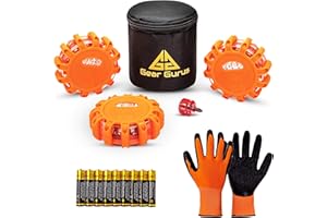Gear Gurus 3 Pack LED Road Flares Kit - Flashing Warning Light Emergency Disc Beacon Roadside Flare Safety Light Magnetic Base for Car Truck Boat - Includes Batteries Screwdriver Gloves Storage Bag