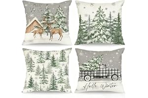 LITIVY Festive Xmas Throw Pillow Covers Set of 4, 16x16 Inch Cozy Winter Deer Cabin Snowflake Design with Hidden Zipper for Home Decor