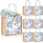 Abbylike 6 Pcs Floral Gift Bag Mini Reusable Flower Cielito Lindo Burlap Goodie Tote with Handle Button for Wedding Bridal Shower Party Favor (Blue White Flowers)