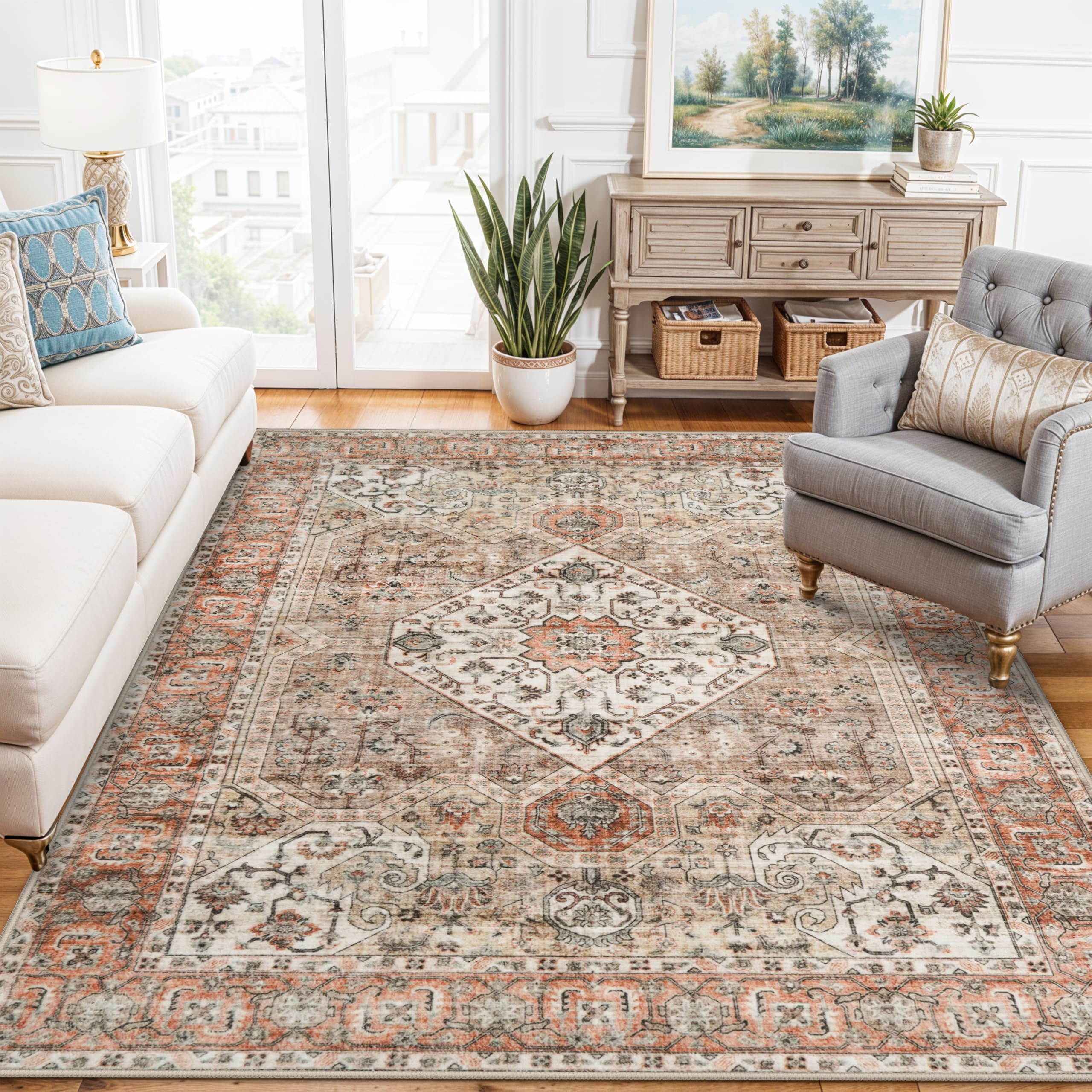 Photo 1 of Washable 5x7 Living Room Rug: Oriental Non-Slip Area Rugs for Bedroom Non Shedding Accent Farmhouse Dining Room Carpet Soft Low Pile Mat for Nursery Room Home Office 5x7 Brown/Orange