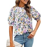 PRETTYGARDEN Floral Tops for Women Blouses Dressy Casual 2026 Summer Trendy Outfits Boho Pleated Short Sleeve Shirts