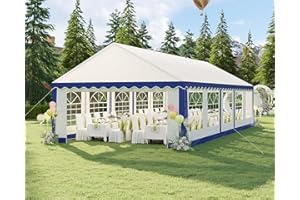 LUXOAK 16 x 32 FT Extra Large Outdoor Event Shelter, Wedding Party Tent with Sidewall Windows & 2 Side Doors, Heavy Duty Canopy Gazebo Tent for Garden Patio Carport, White with Blue Stripes